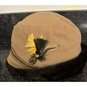 Vintage Faux Fur Cossack Cap With German Style Braided Cord Band  Feather Accent